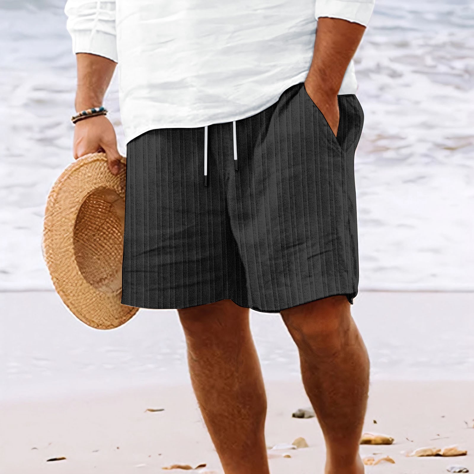 thumbnail image 2 of Pantalones cortos de playa a rayas con múltiples bolsillos para hombre - Mezcla de algodón y poliéster, cintura con cordón, bañador informal de verano, 2 of 8